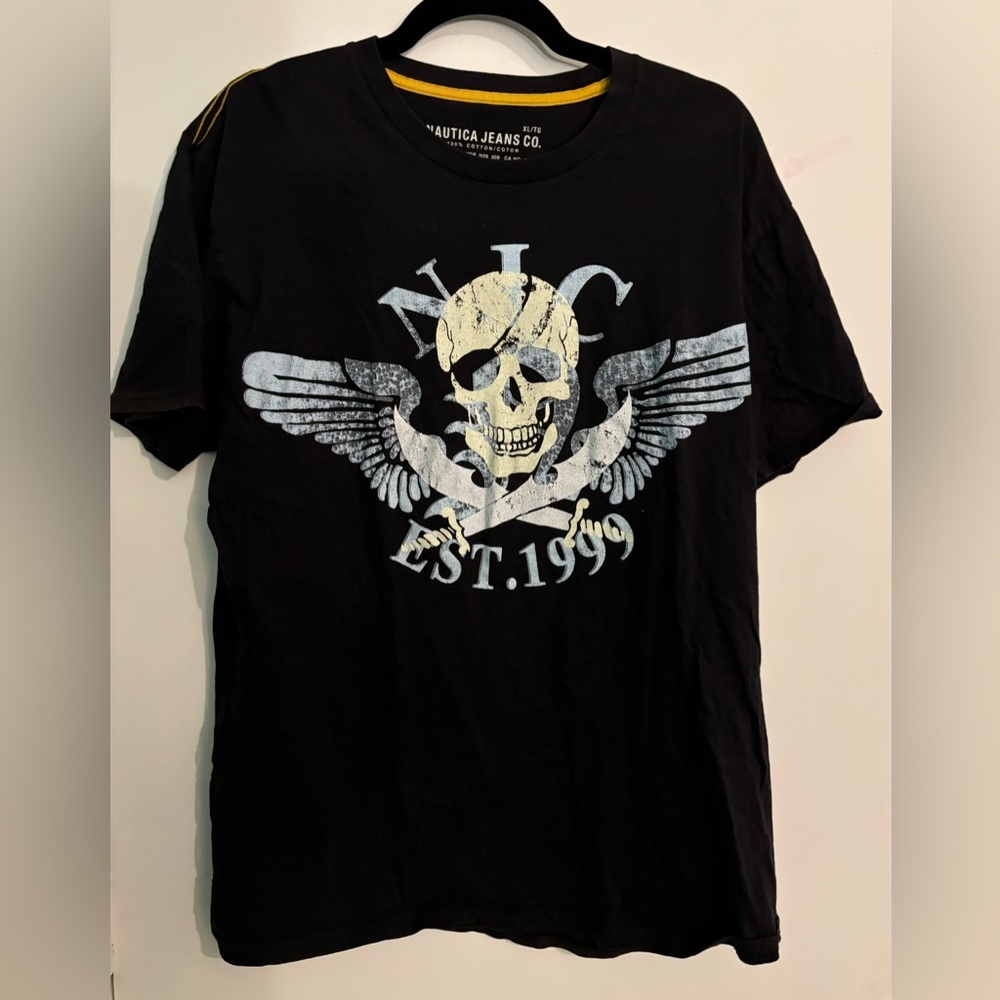 Nautica Jeans Co Mens Black Tee Blue White Skull Logo XL Short Sleeve Late 2000s
